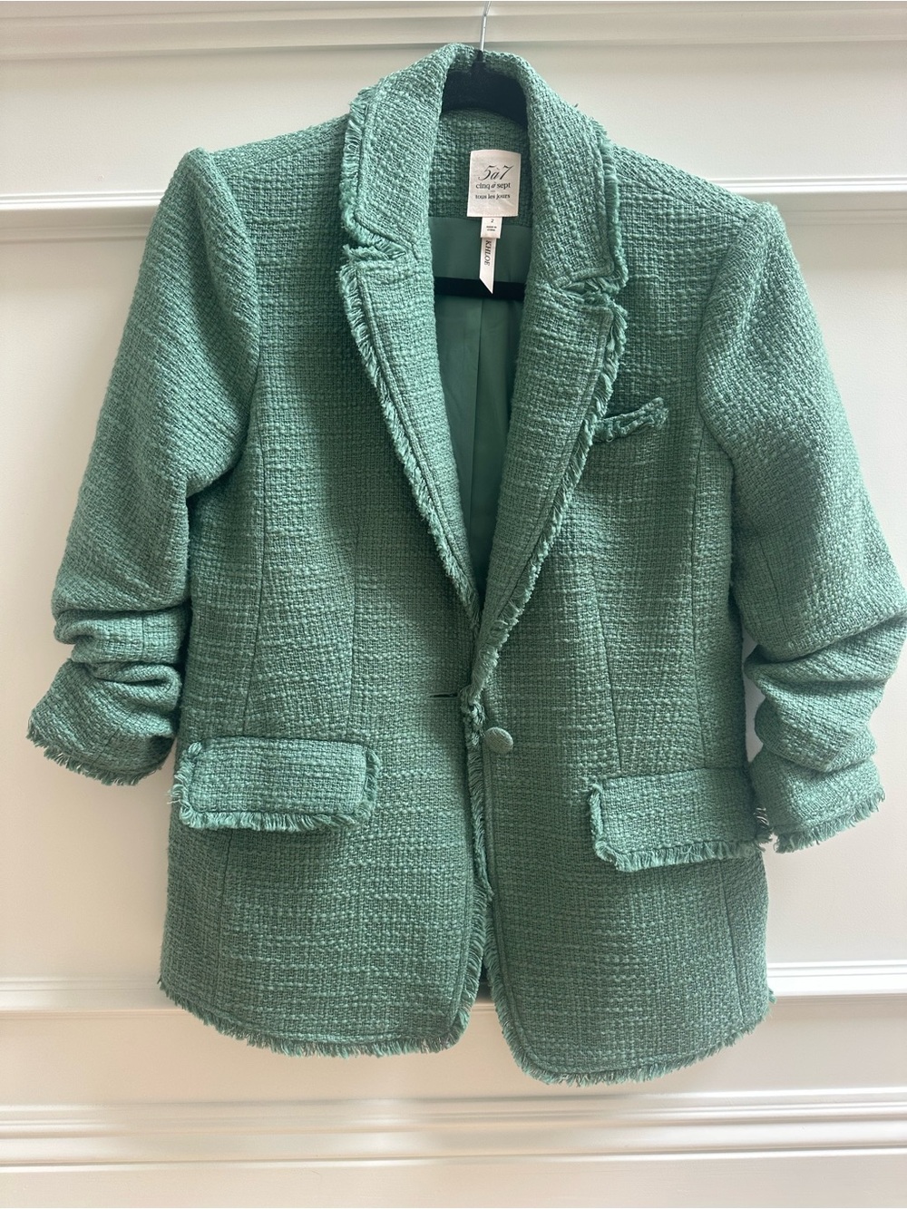 cinq a sept Green Tweed Frayed-Trim Blazer